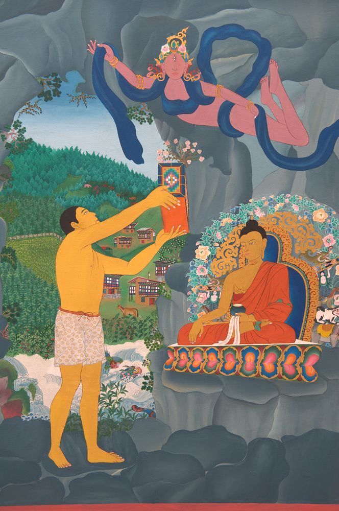 A Bhutanese mural painting of the buddha and an angel flying over